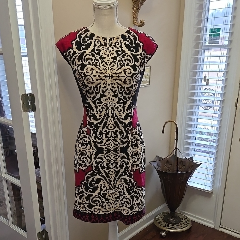 Donna Morgan Elegant Black Red Cream Patterned Dress Sleeveless stretch 4 EUC…